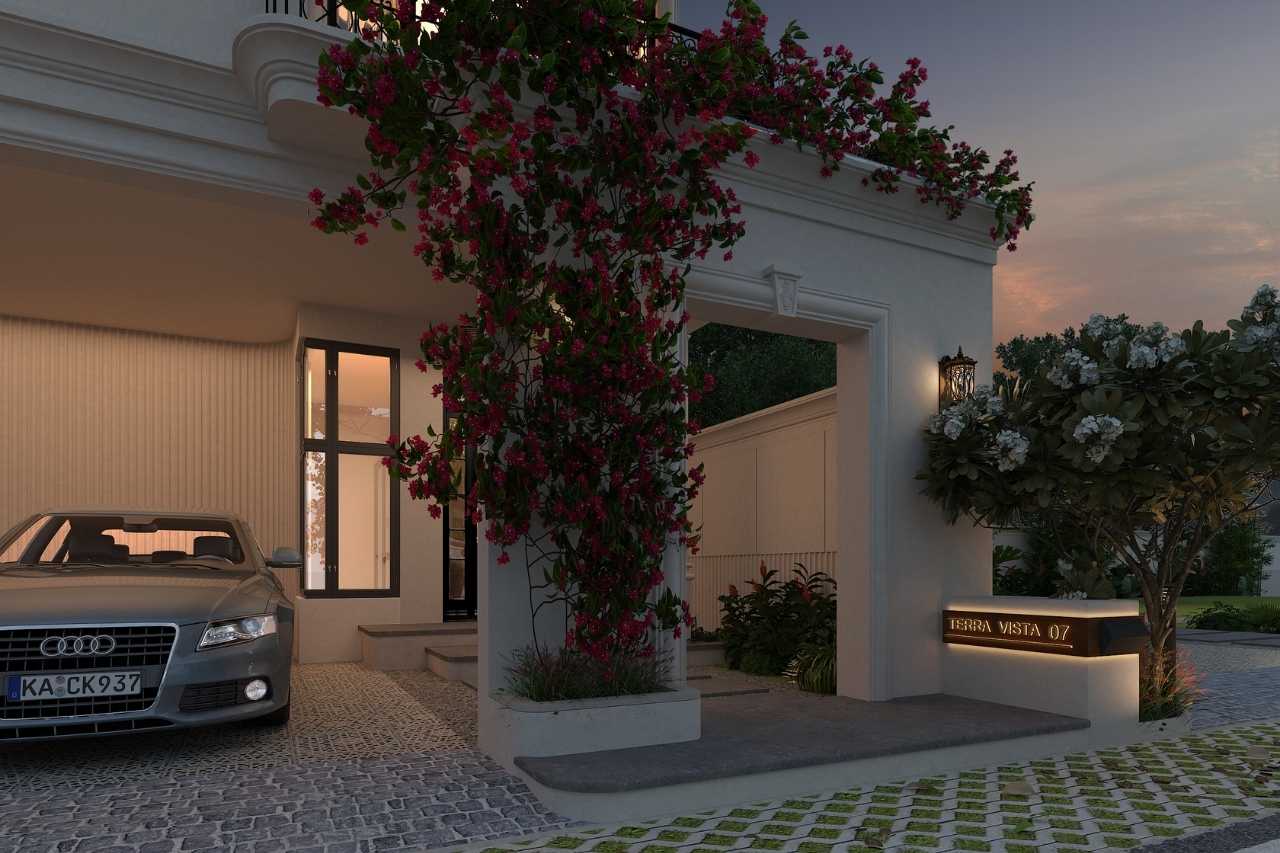 Villa entrance with bougainvillea