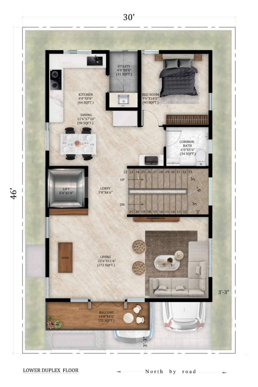 North Facing villa — Lower Duplex Floor plan