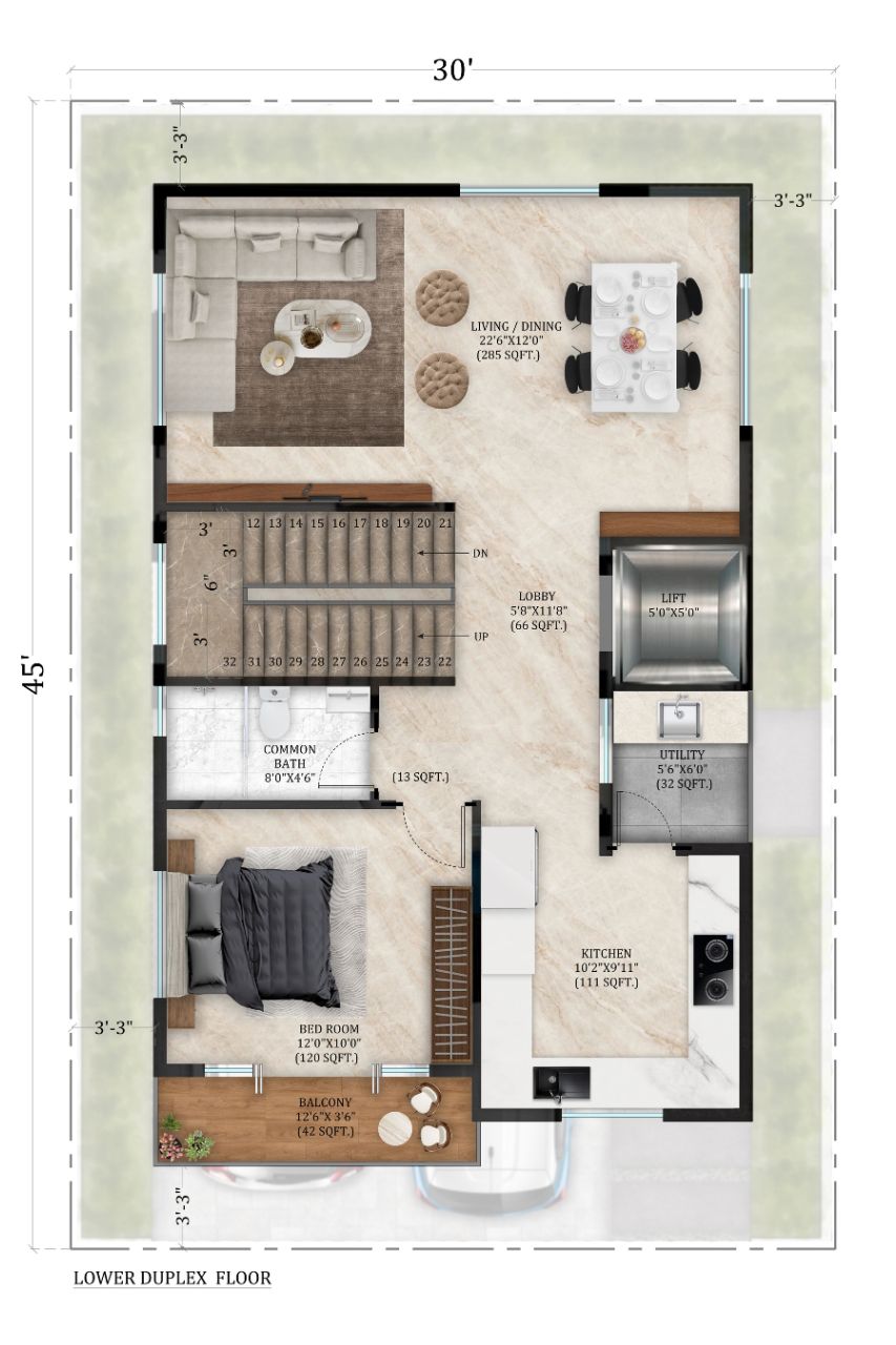 South Facing villa — Lower Duplex Floor plan