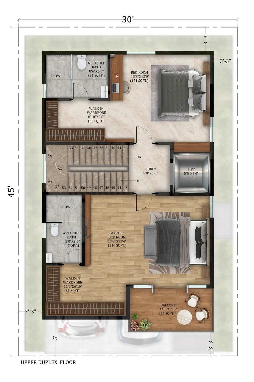 South Facing villa — Upper Duplex Floor plan